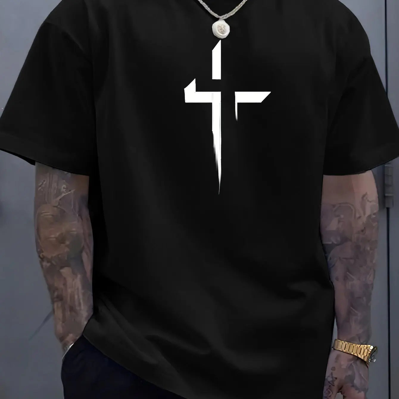 T-Shirt Homme 100% Coton Pur Imprimé Croix Créatif Loose Grande Taille Col Rond Manches Courtes Sport Casual Été Confortable | Mode Homme Tendance