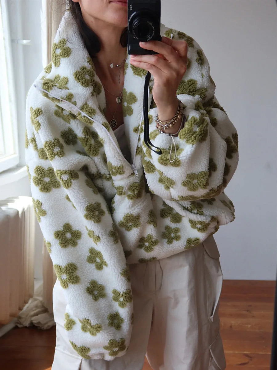 Sweat Femme Sherpa Floral Demi-Zip Ample Chaud – Pull Douillet & Tendance | Automne Hiver