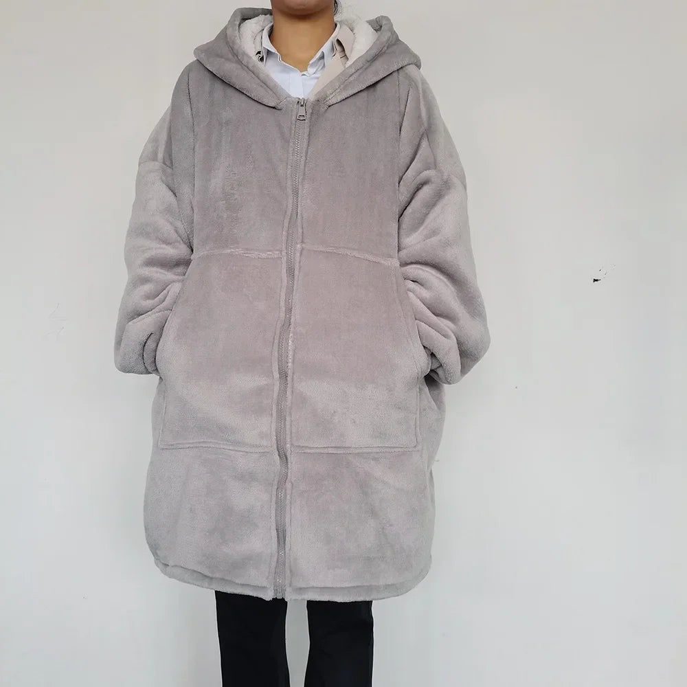 Hoodie Couverture Oversize Zip Avant – Polaire Deluxe Manches Confortables Poche Profonde Hiver