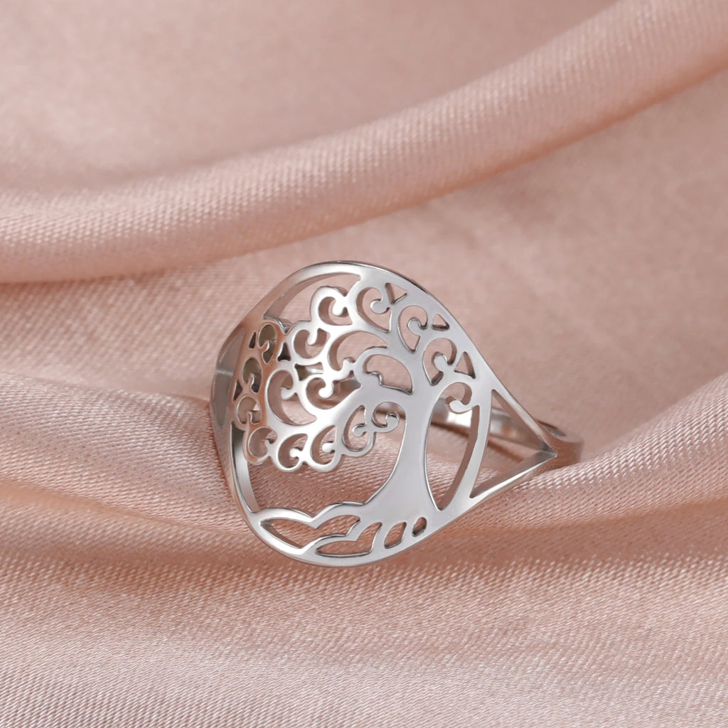 Bague Arbre de Vie Acier Inoxydable Argenté – Symbole Nature & Spiritualité | Bijou Unisexe Couple & Mariage | Cadeau Intemporel