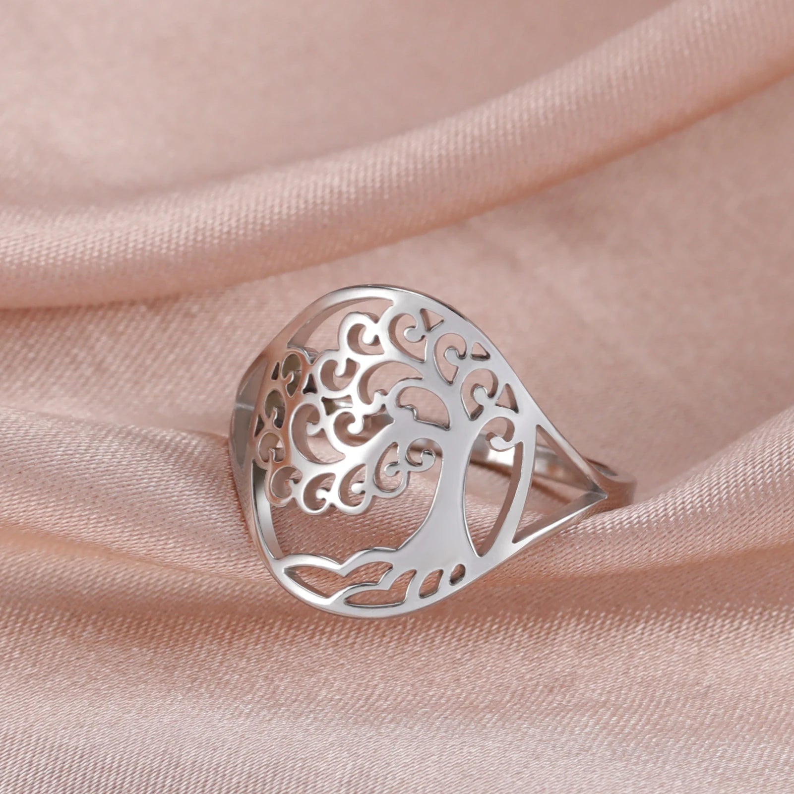 Bague Arbre de Vie Acier Inoxydable Argenté – Symbole Nature & Spiritualité | Bijou Unisexe Couple & Mariage | Cadeau Intemporel