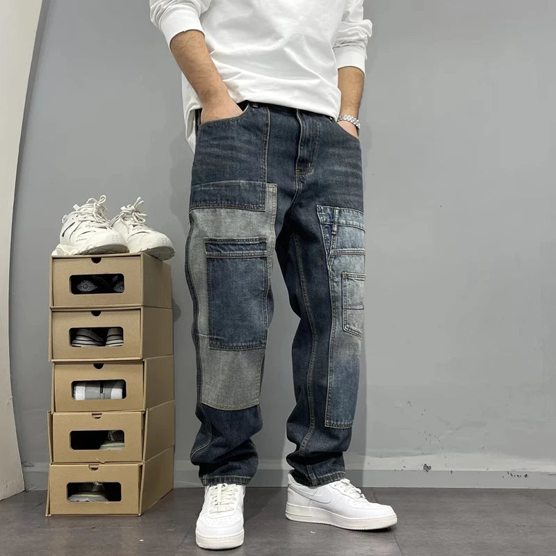 Gerade geschnittene Jeans Patchwork Streetwear 2025 – Japanische Skater-Passform mit mehreren Taschen in großen Größen