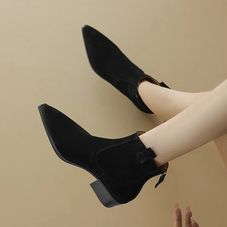 Bottes Suède Vache Chunky Heel Western Femme – Bout Pointu Noir Zip Concis Automne