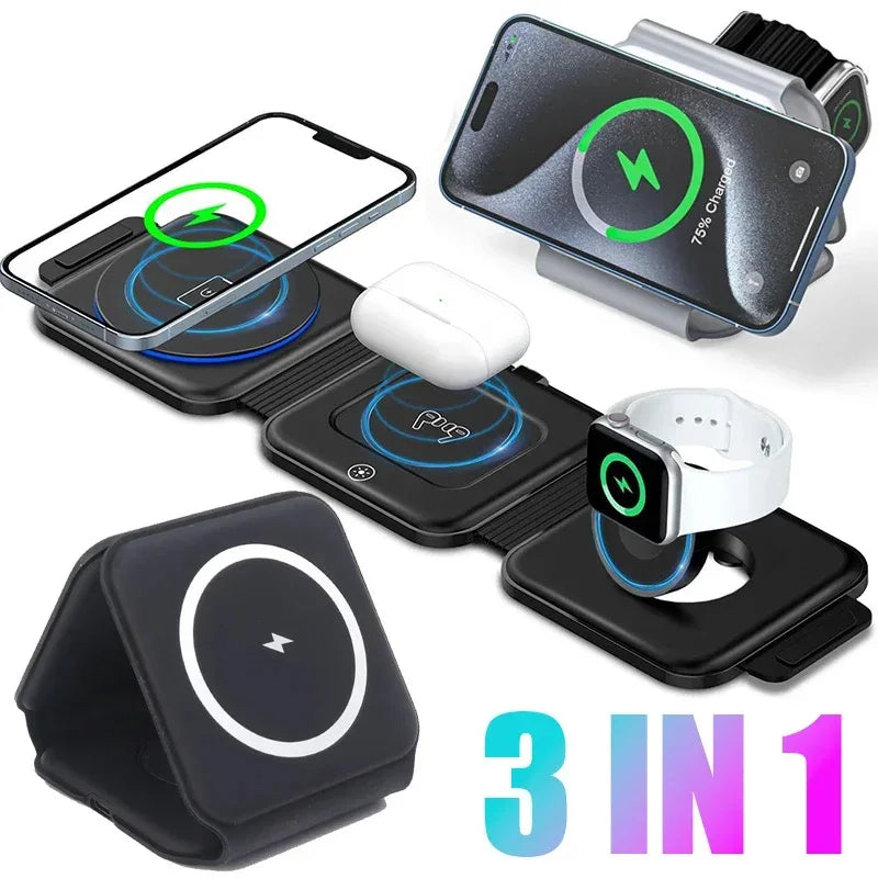 Chargeur Magnétique 3-en-1 Pliable 15W USB-C – Charge Rapide Smartphone Montre Écouteurs