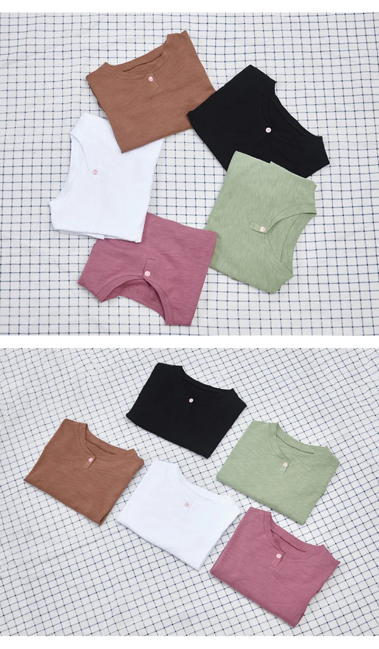 T-Shirt Slub-Baumwolle Langarm V-Ausschnitt Knöpfe - Koreanischer Stil Locker Lässig Frühling