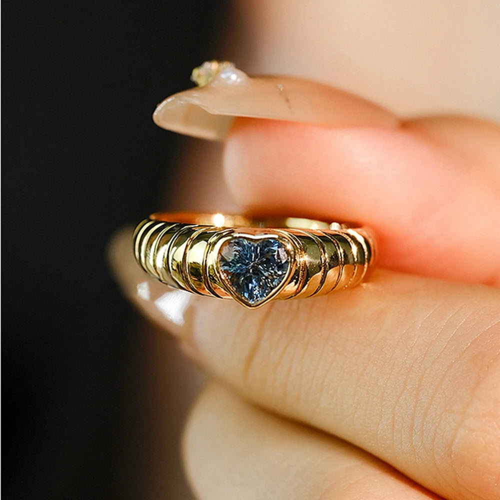 Bague Vintage Cœur Aigue-Marine & Rubis 6MM Plaqué Or 18K Argent 925 – Pierre Précieuse Naturelle | Joaillerie Luxe Femme | Cadeau Bijou Premium