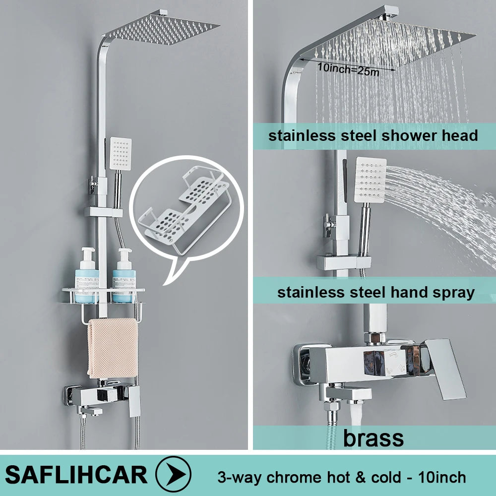 Ensemble Douche Pluie Mural Noir & Chrome Laiton – Étagère Offerte, Mitigeur Eau Chaude & Froide | Système Complet Salle de Bain