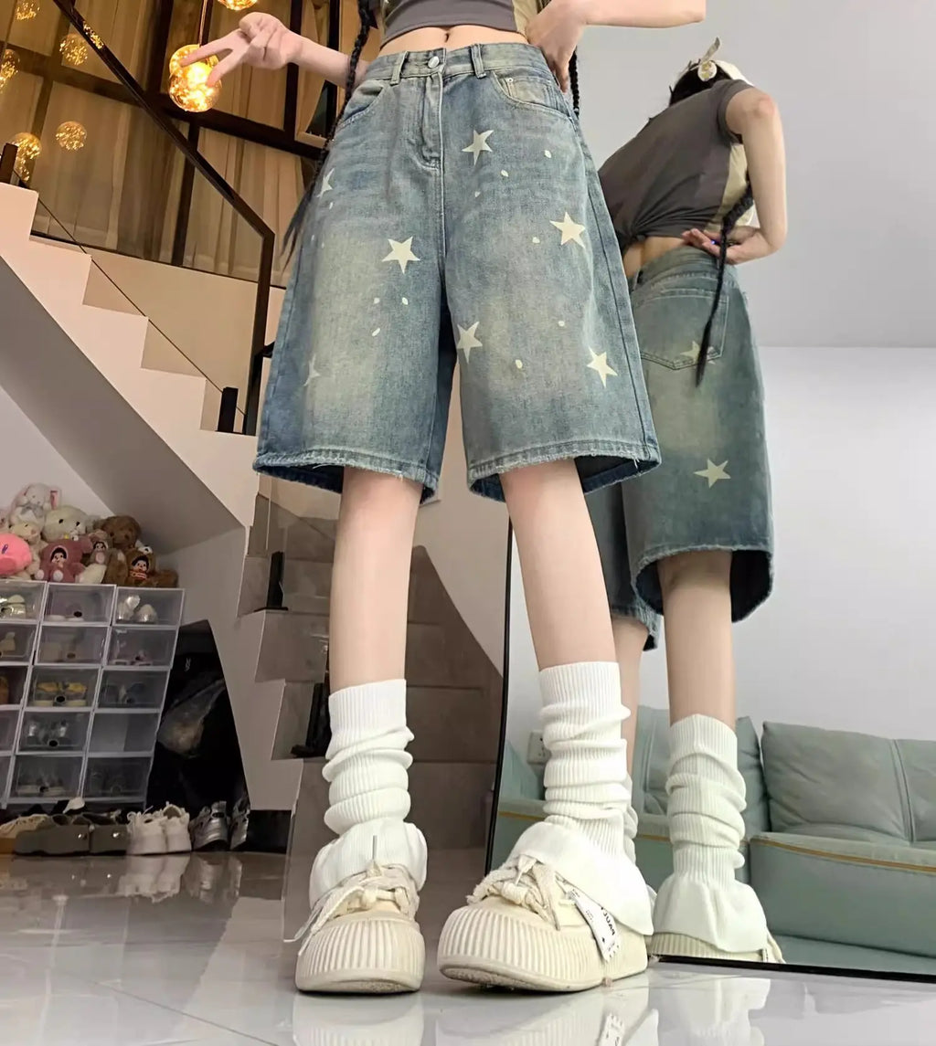 Short Jean Femme Imprimé Floral & Étoiles Style Rétro Américain – Jambe Droite Large Stretch Confortable