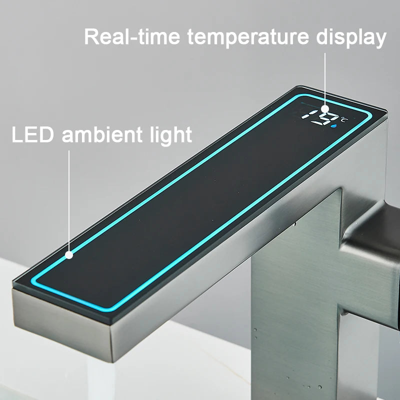 Robinet Lavabo Digital LED Gris – Affichage Température, Lumière LED, Mitigeur Eau Chaude & Froide | Salle de Bain High-Tech