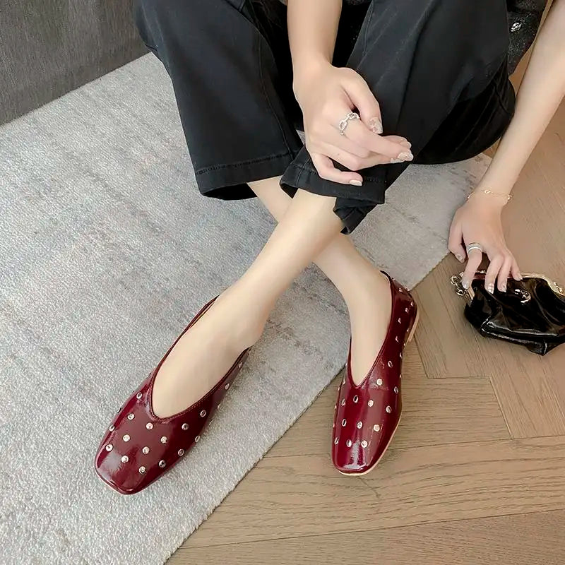 MORAZORA Ballerines Rivets Bout Carré Slip-on – Loafers Femme Noir Rouge Tailles 34-43