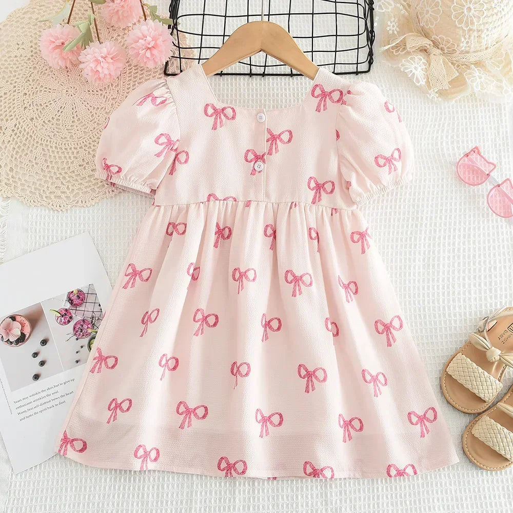 Robe Princesse Fille Manches Bouffantes Col Carré Nœud Imprimé – Tenue Casual Été 3-7 Ans