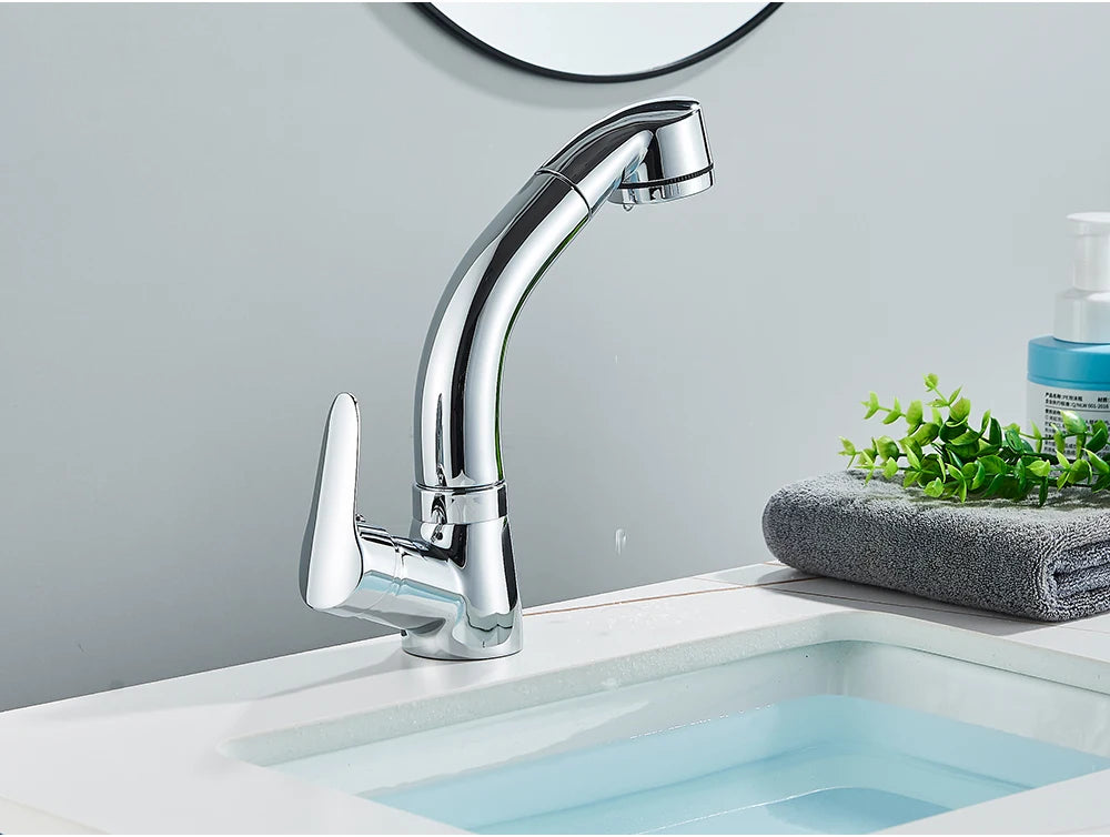 POIQIHY Robinet Lavabo Extractible Noir – Mitigeur Chaud Froid, Rotation 360°, Bec Relevable | Chrome & Noir Salle de Bain