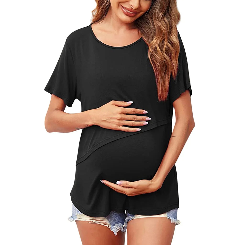 Still-T-Shirt Damen Kurzarm Rundhals – Umstands-Top Asymmetrischer Wickel Casual