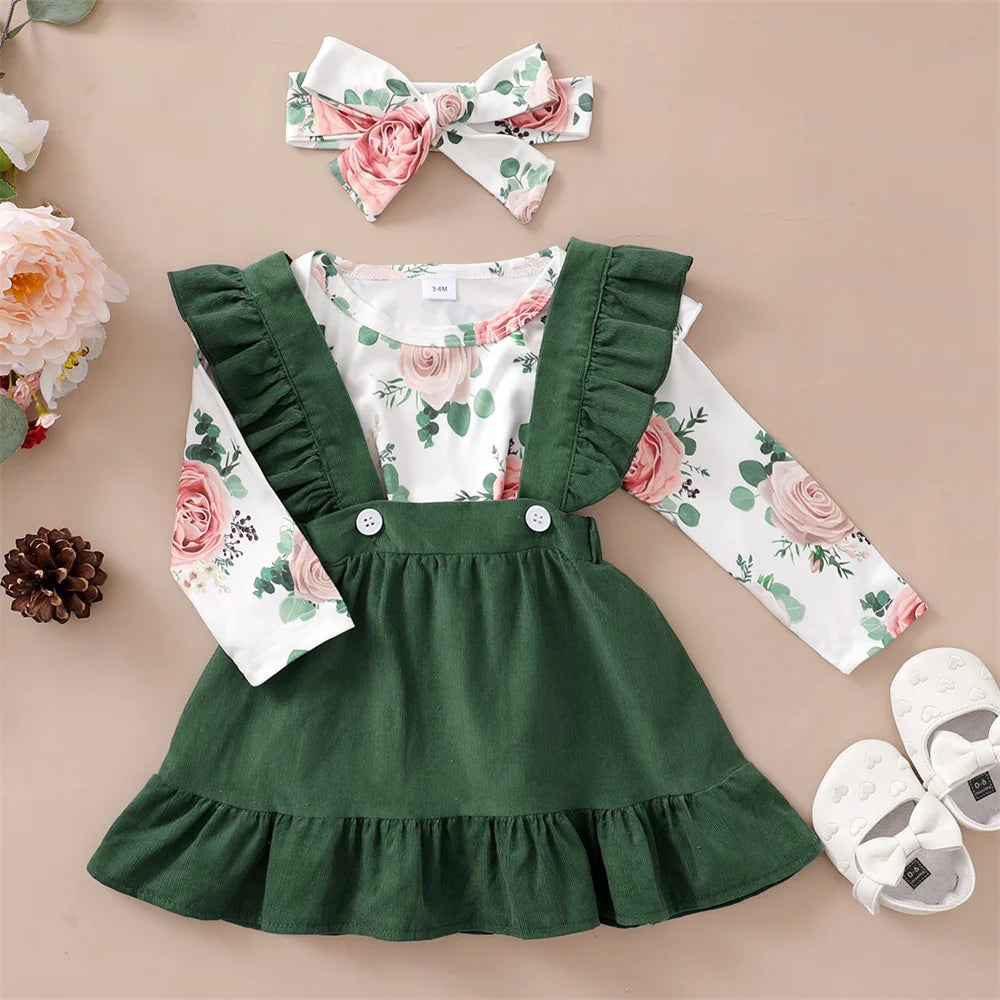 Tenue 3 Pièces Bébé Fille Fleurie – Top Manches Longues + Jupe Bretelles + Bandeau 0-12 Mois