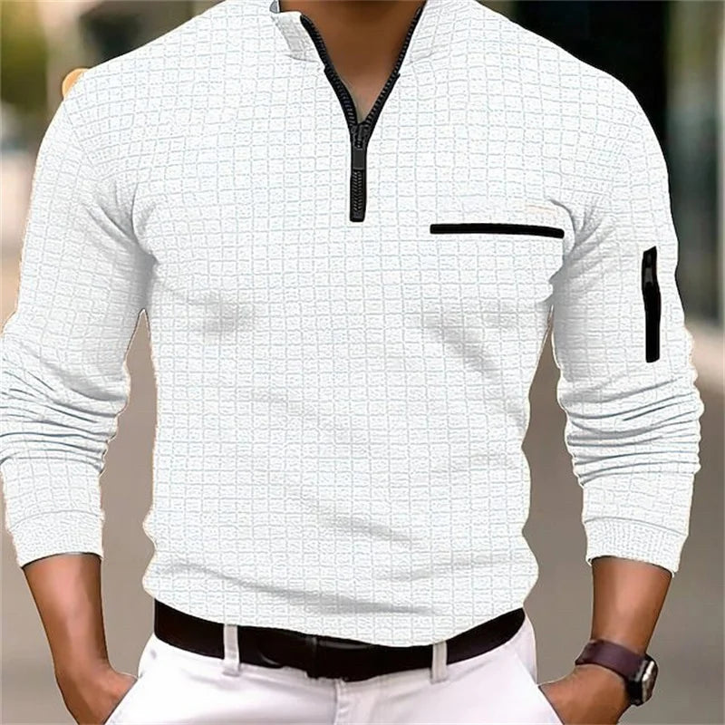 Polo Homme Col Montant Zip À Carreaux Manches Longues Respirant – Sport Business Casual Printemps Automne | Mode Homme Élégant