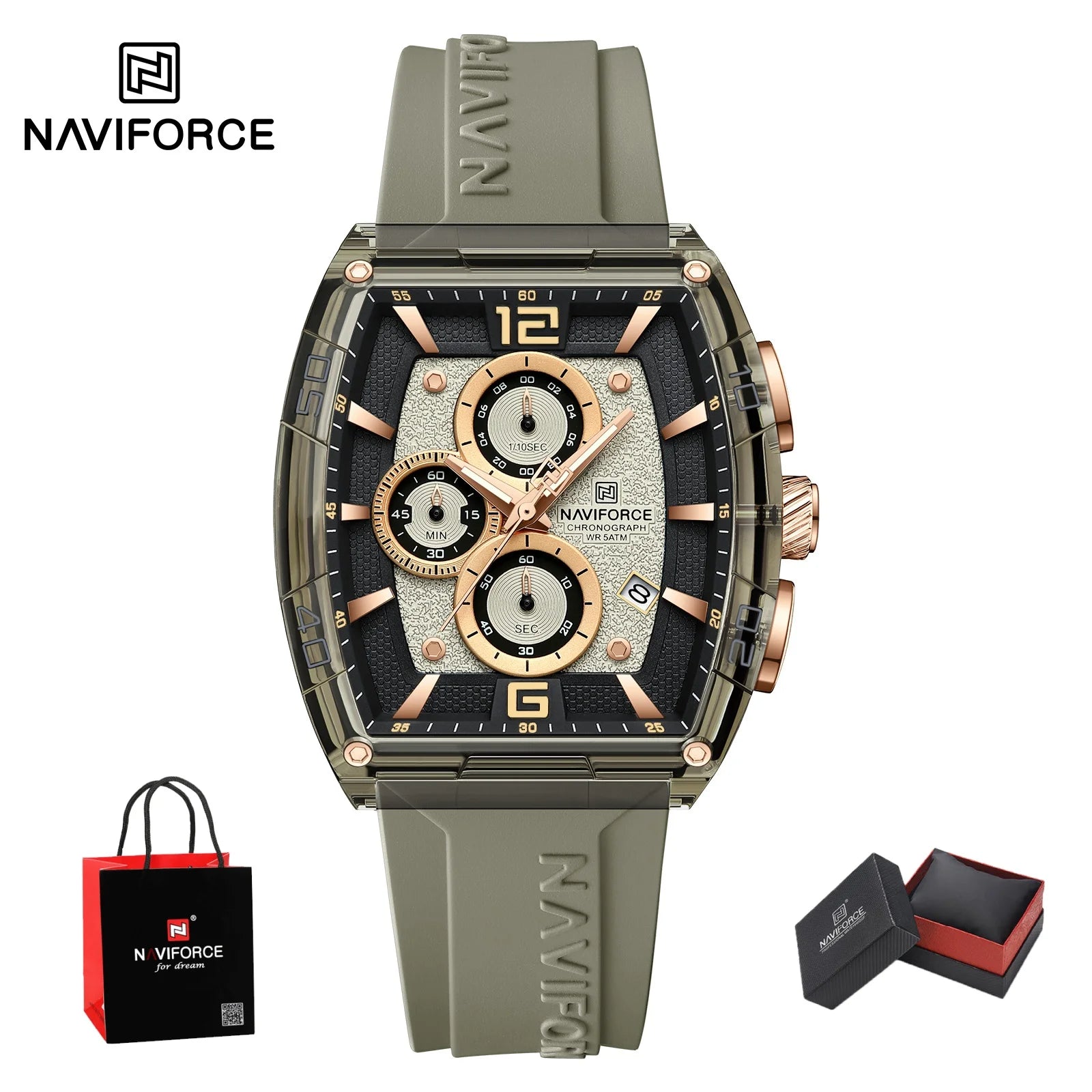Montre Homme NAVIFORCE Luxe Sport Étanche Bracelet Silicone Quartz Lumineux Chronographe Coffret Cadeau Inclus | Montre NAVIFORCE Chronographe Sport Luxe Premium