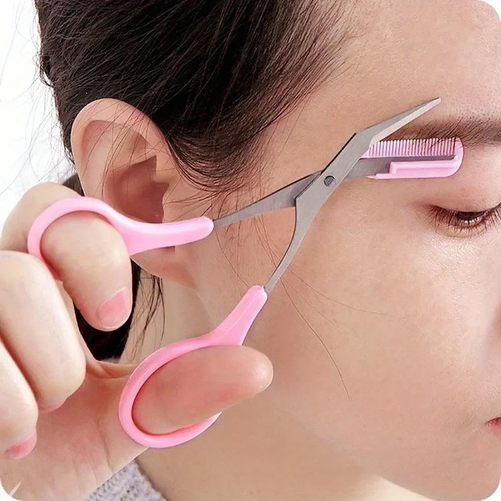 Ciseaux Sourcils Inox avec Peigne Intégré – Taille Précise & Sourcils Parfaits | Rose, Blanc & Noir | Outil Beauté Grooming