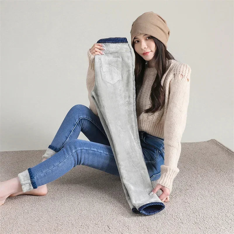 Jean Femme Thermique Skinny Taille Haute Chaud Polaire Stretch Denim – Pantalon Crayon Hiver Neige Confortable | Mode
