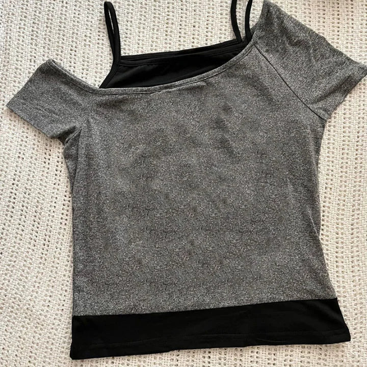 Crop Top Femme Faux 2 Pièces Punk Gothic Rétro 90s Manches Courtes Slim – Streetwear Sexy | Été
