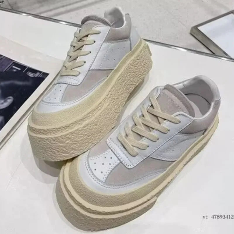 Chaussures Cuir Véritable Femme Cake Sole 2024 – Blanches Casual Élévées Sport Printemps