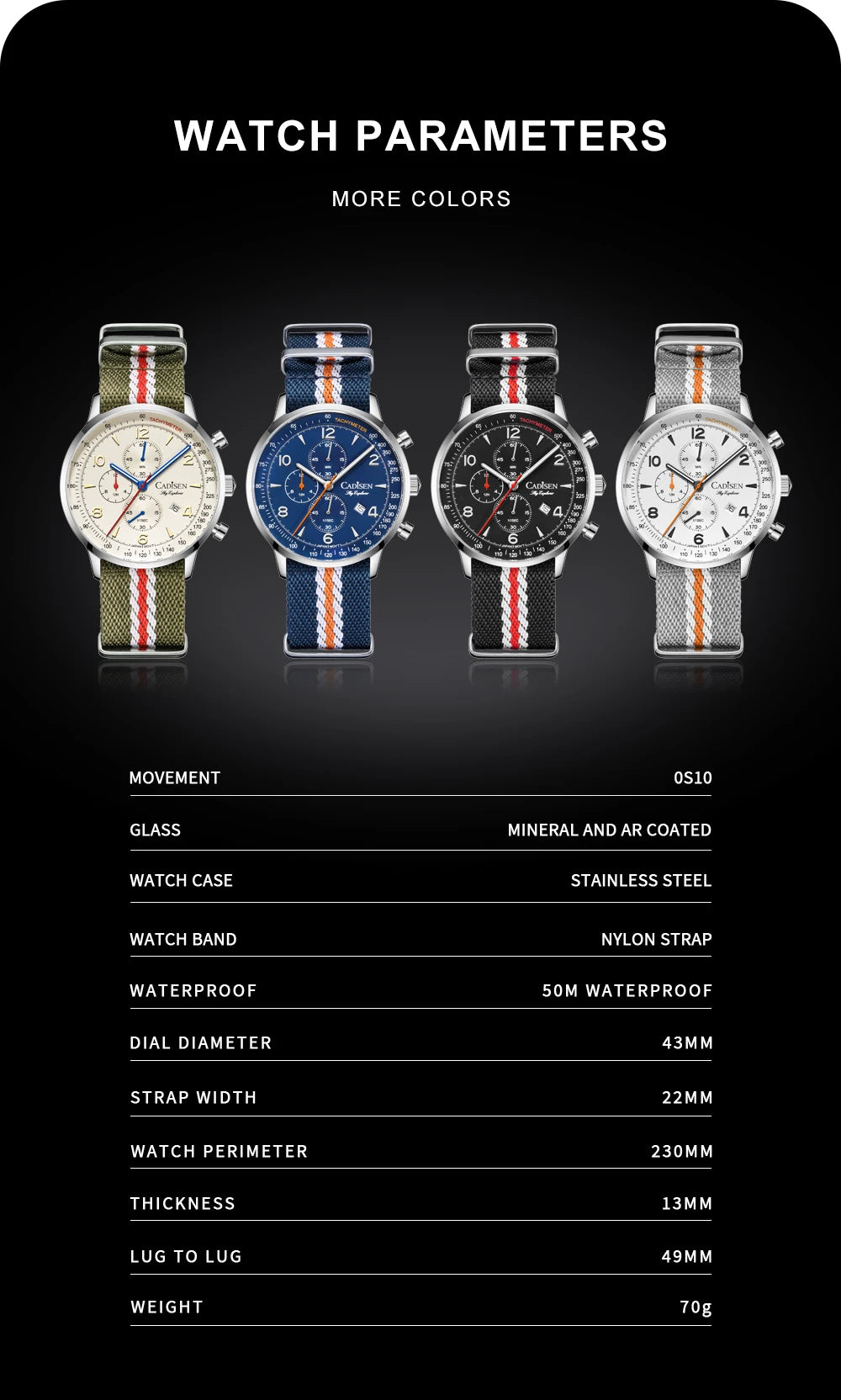 Montre Homme Luxe CADISEN Chronographe Quartz Japonais MIYOTA Bracelet Toile – Étanche Fashion