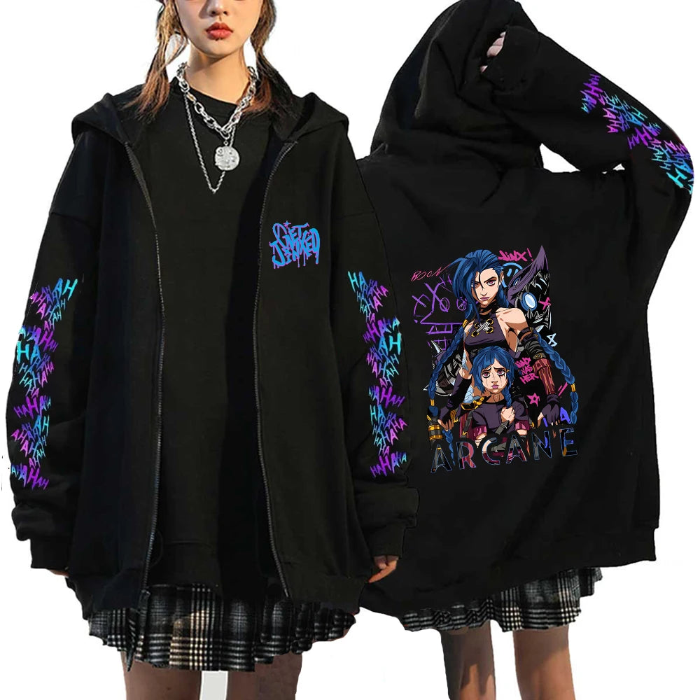 Kapuzenpullover Zip Arcane Jinx Harajuku Anime Graffiti – Streetwear Gothic Unisex Gamer