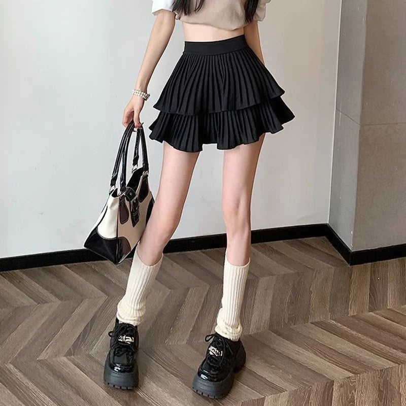Mini Jupe Femme Balletcore Taille Haute Élastique Volantée Patchwork Lolita Style Coréen Kawaii Y2K – Jupe Courte Douce Sexy | Mode