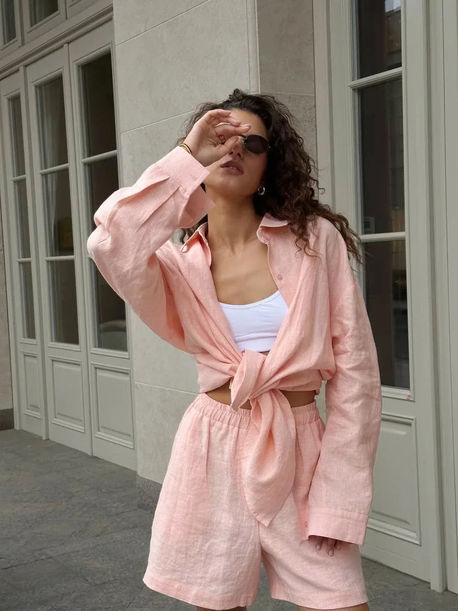 Damen-Zweiteiler aus Baumwolle, legeres Reverskragenhemd mit langen Ärmeln und Hose mit elastischem Bund, einfarbig, bequem – Sommer-Outfit | Bornladies