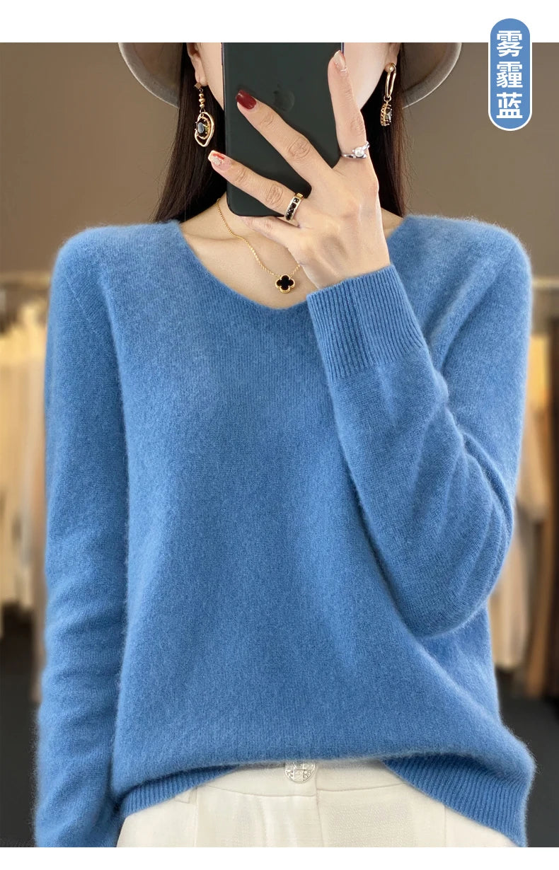 Kaschmirpullover 100% Wolle V-Ausschnitt Damen - Strick Casual Korean Fashion Herbst Winter