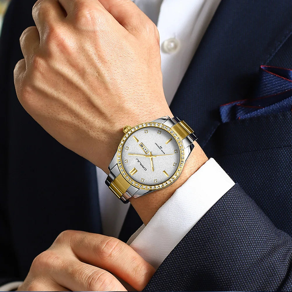 Montre Homme CRRJU Moissanite Diamant Luxe Cadran Doré Acier Inoxydable Lumineux Élégante Premium | Montre CRRJU Moissanite Diamant Luxe Premium