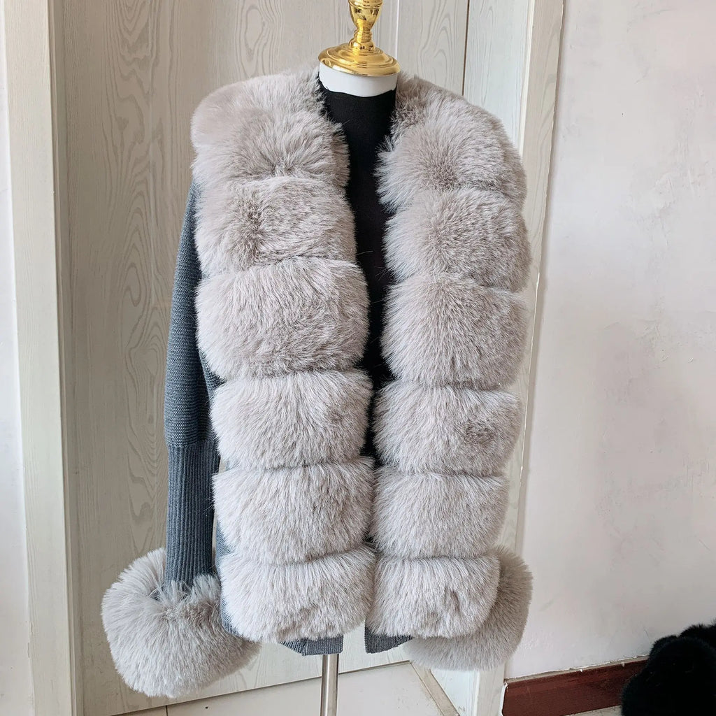 Damen Cardigan Strick Kragen Kunstpelz Fuchs Elegant – Chic & Luxuriöser Pullover Mantel | Frühling Herbst