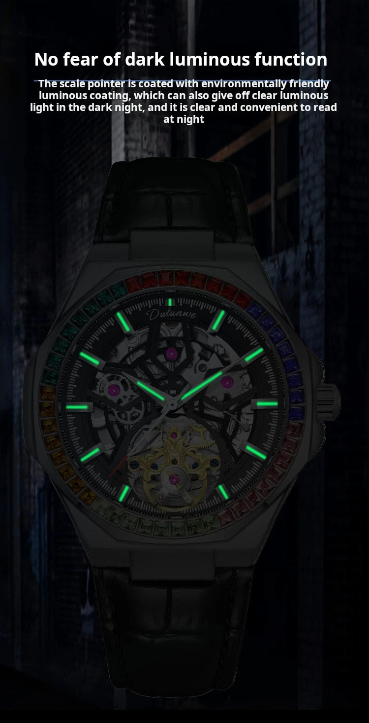 Montre Homme Tourbillon Automatique Mécanique – Lunette Gemmes Arc-en-Ciel Sport Business