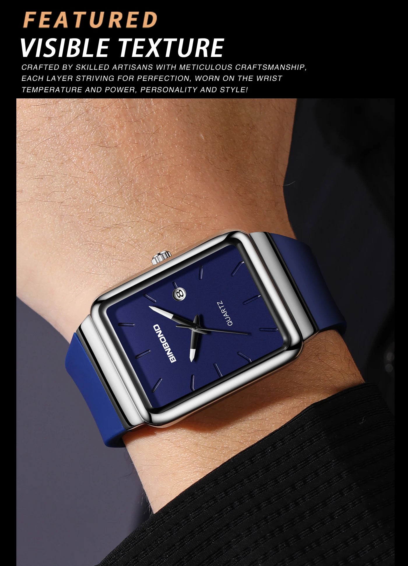 Montre Homme BINBOND Carré Quartz Silicone – Fashion Simple Étanche Tendance Original