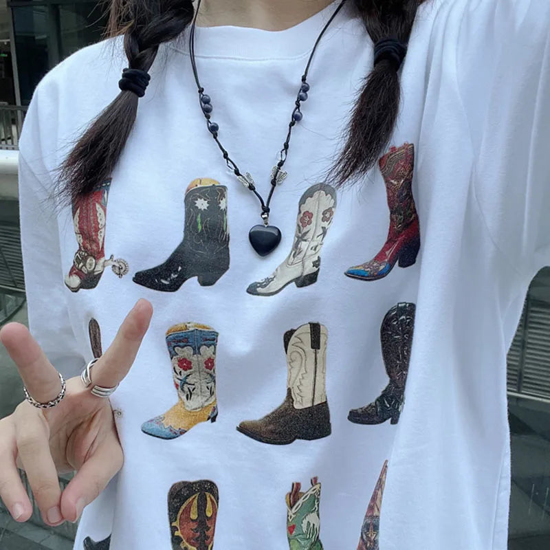 T-Shirt Western Cowgirl Vintage Boho Damen – Grafikdruck Texas | Hippie Retro Sommer Stil