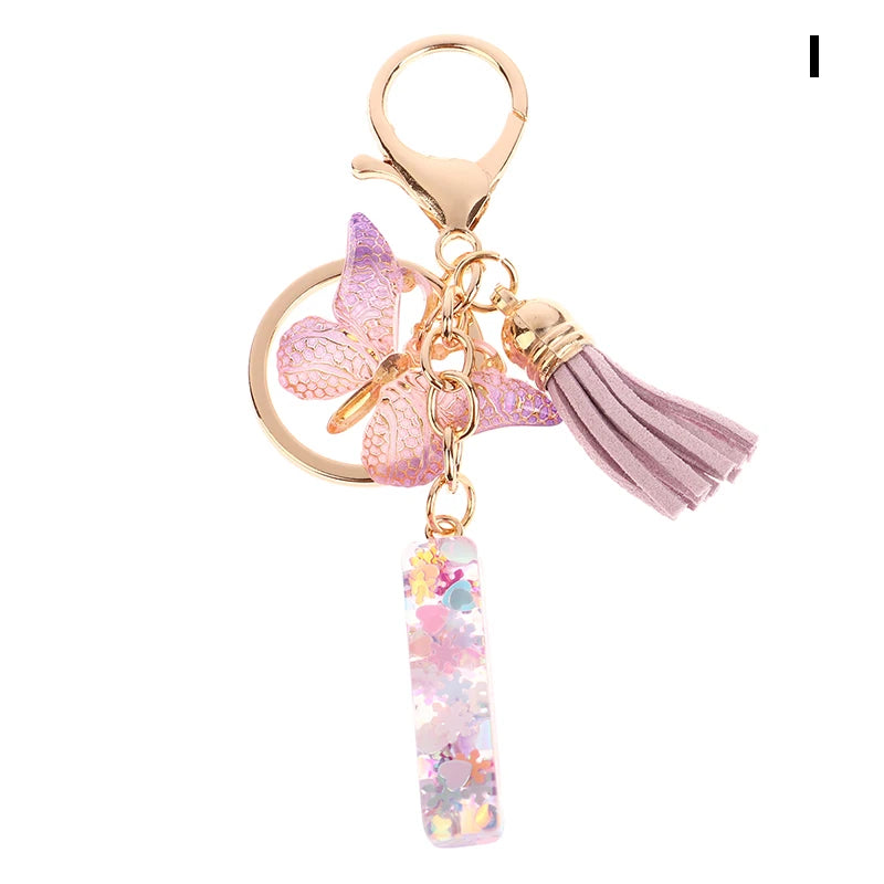 Porte-Clés Lettre Initiale Sequins Femme – Pendentif Papillon Pompon Sac Voiture Bijou