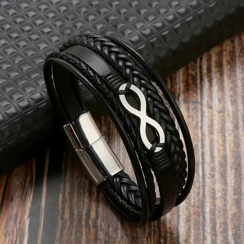 Bracelet Cuir Multi-Rangs Symbole Infini Acier Inoxydable Homme – Style Punk & Biker Authentique | Bijou Homme Streetwear Cadeau Mode Premium