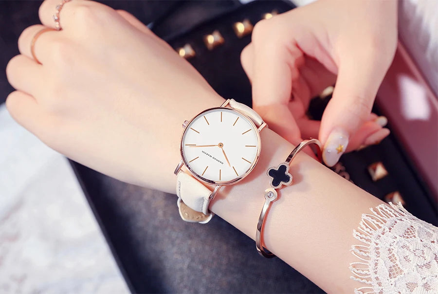 Montre Femme Luxe HANNAH MARTIN Ultra-Fine 36mm Cuir Or Rose – Étanche Élégante Fashion