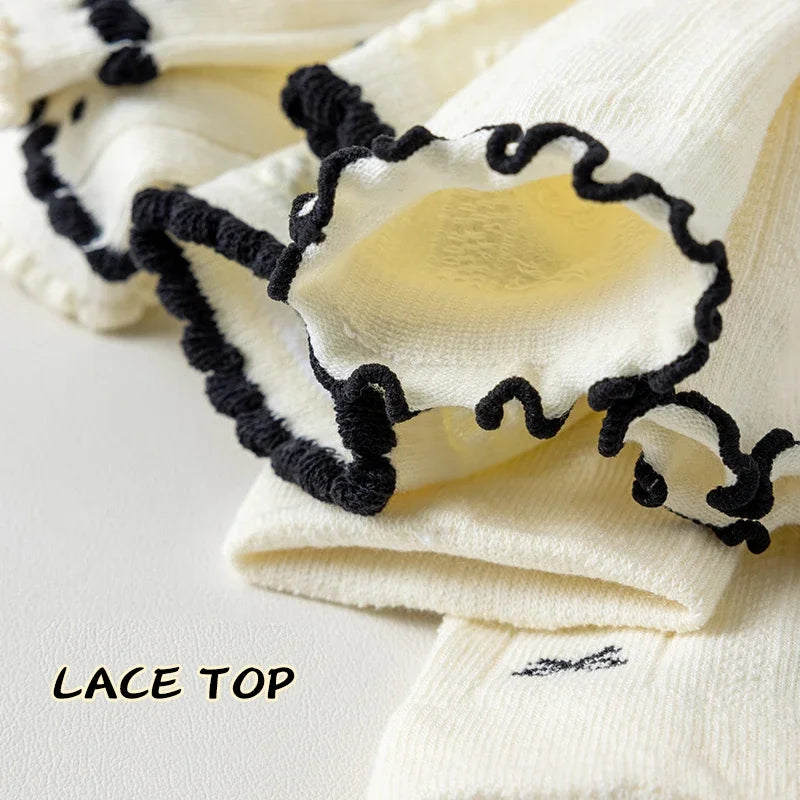 Lot 5 Paires Chaussettes Fille Coton Dentelle Nœud – Rayures Douces Respirantes Antidérapantes Princesse
