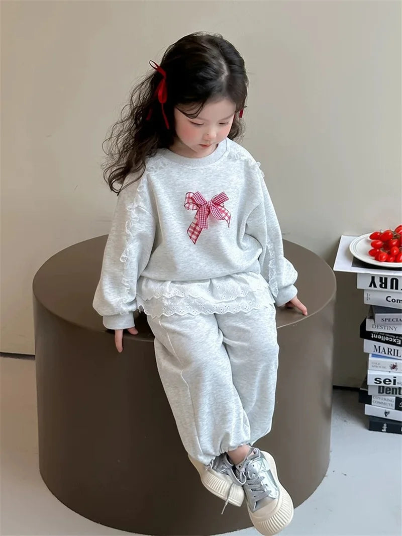 2-teiliges Set für Mädchen, Baumwolle, Spitze, Schleife – Langarm-Sweatshirt, Jogginghose für Kinder 2025