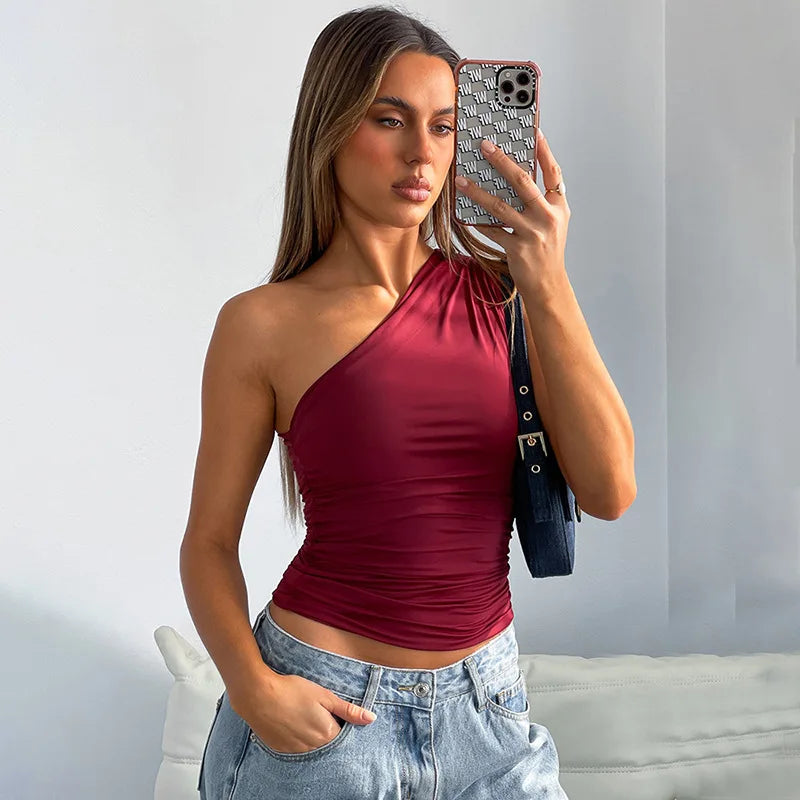 Top Une Épaule Dos Nu Femme – Couleur Bonbon Ajusté Sans Manches | Sexy Casual Été