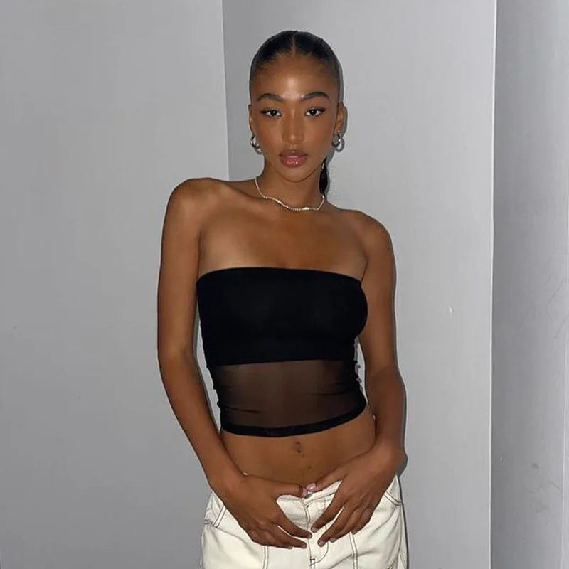 Crop Top Corset Femme Noir Mesh Patchwork Sans Bretelles Épaules Dénudées Slim Sexy – Streetwear Été | Cami
