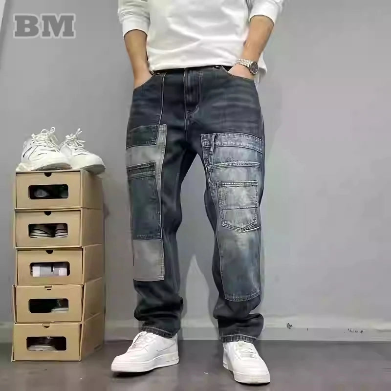 Gerade geschnittene Jeans Patchwork Streetwear 2025 – Japanische Skater-Passform mit mehreren Taschen in großen Größen