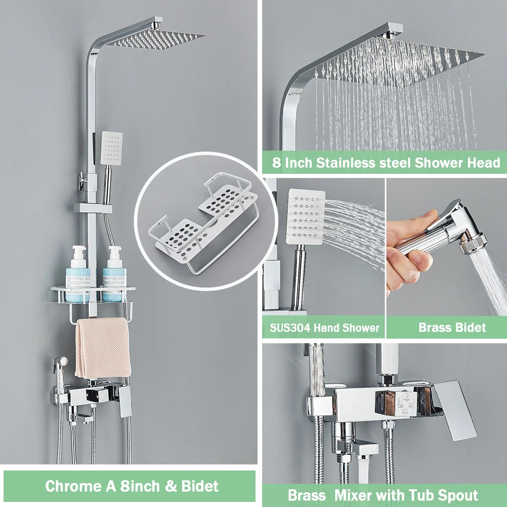 Rozin Ensemble Douche Pluie Mural Noir – Avec Bidet, Étagère & Bec Baignoire | Système Complet Laiton
