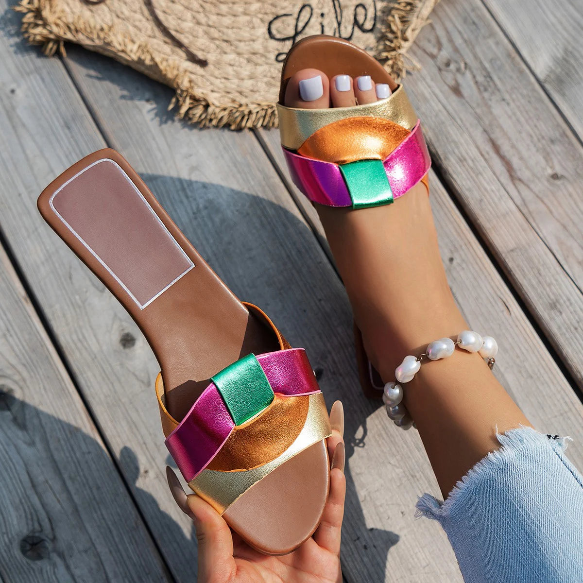 Mules Designer Couleur Unie Femme Été – Slippers Fashion Confortables Zapatos De Mujer