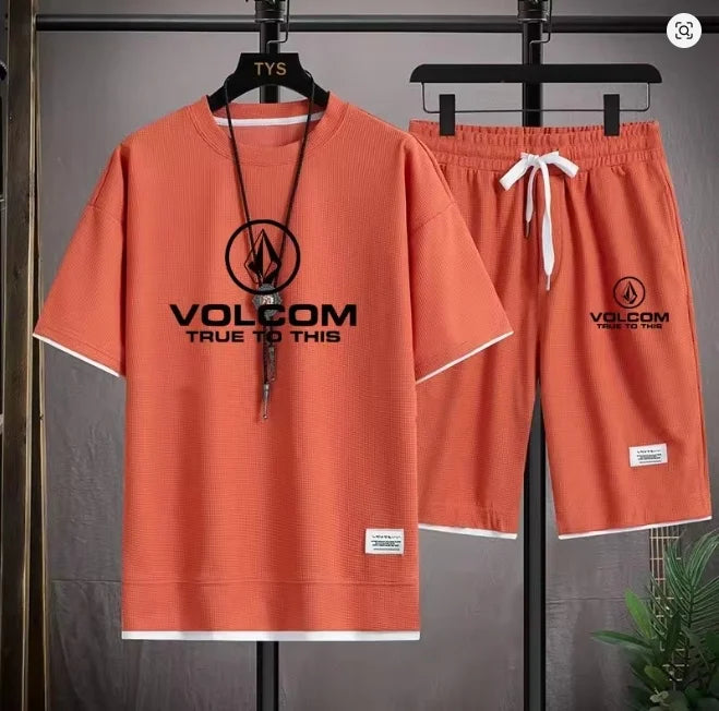 VOLCOM Ensemble T-shirt + Short Sport Homme Été – Waffle Imprimé Casual Sportswear