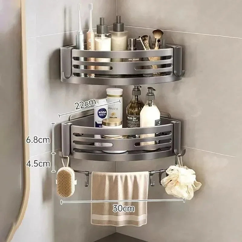 Étagère d’Angle Salle de Bain Aluminium – Sans Perçage Autocollant | Rangement Shampooing & Maquillage