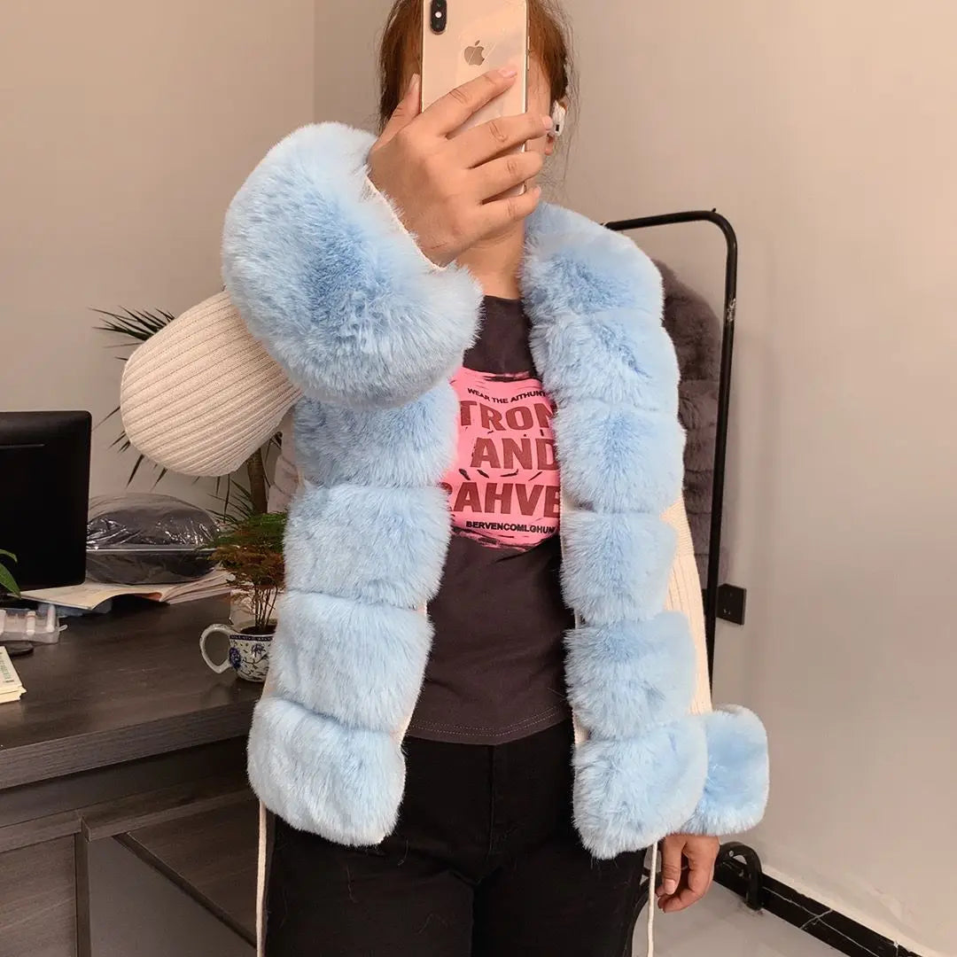 Cardigan Femme Tricot Col Fausse Fourrure Renard Élégant – Manteau Pull Chic & Luxueux | Printemps Automne