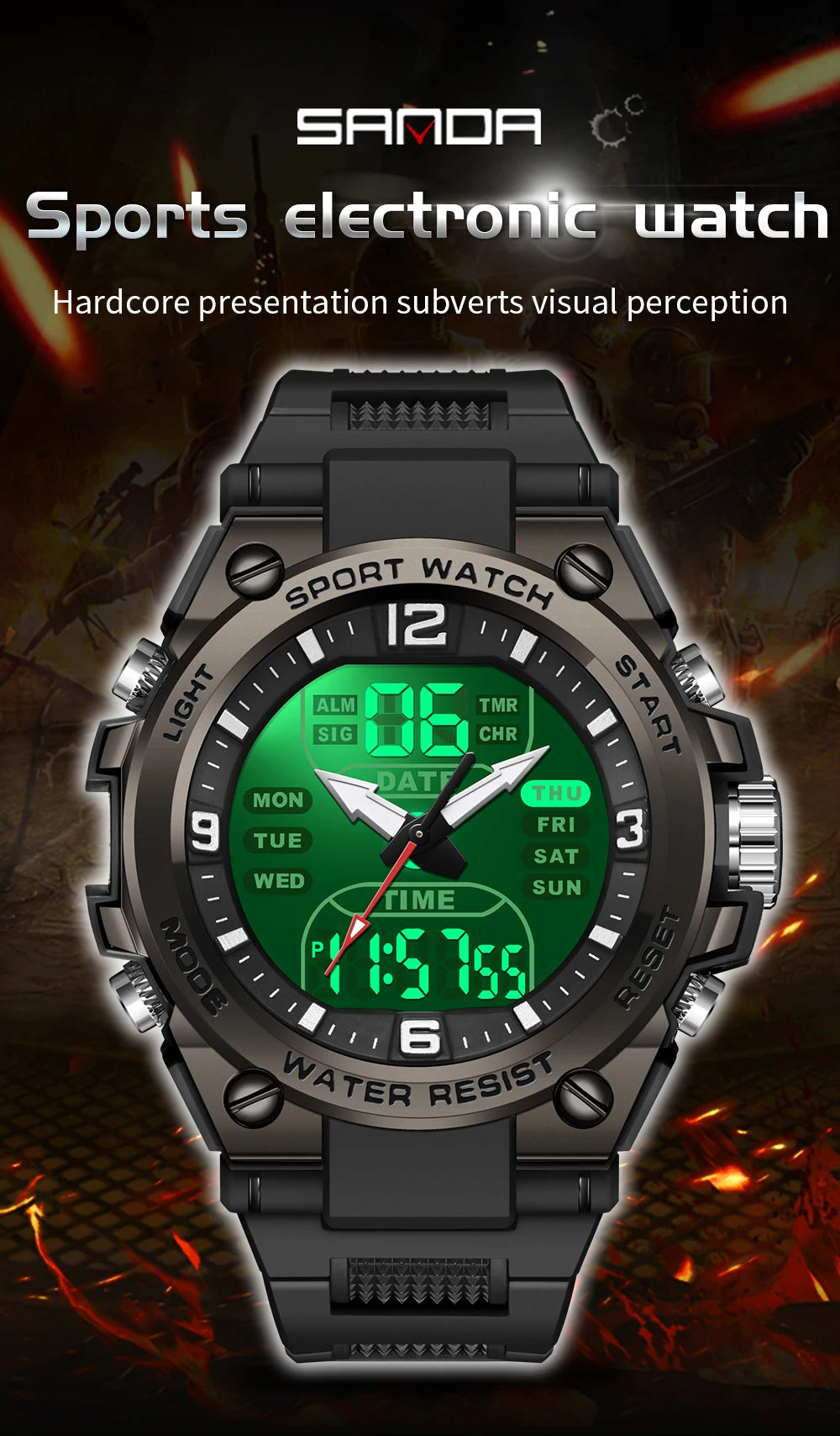 Montre Homme SANDA Militaire Tactique G-Style – LED Digital Quartz Étanche 50M Sport Luxe
