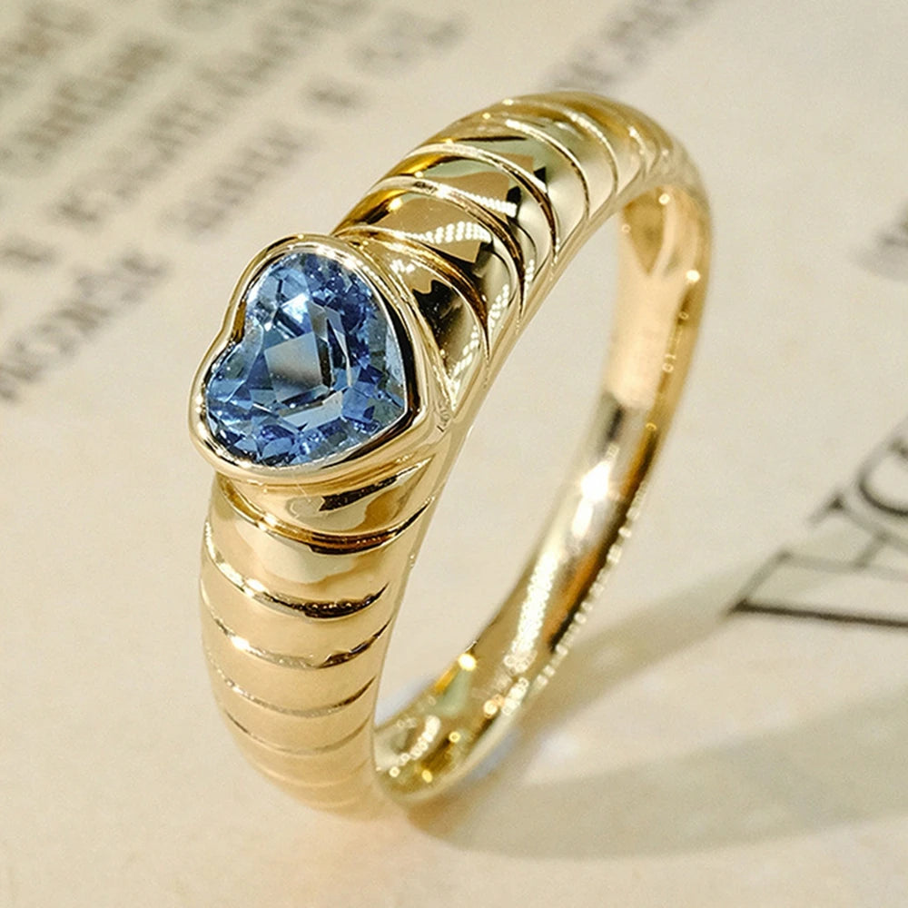 Bague Vintage Cœur Aigue-Marine & Rubis 6MM Plaqué Or 18K Argent 925 – Pierre Précieuse Naturelle | Joaillerie Luxe Femme | Cadeau Bijou Premium