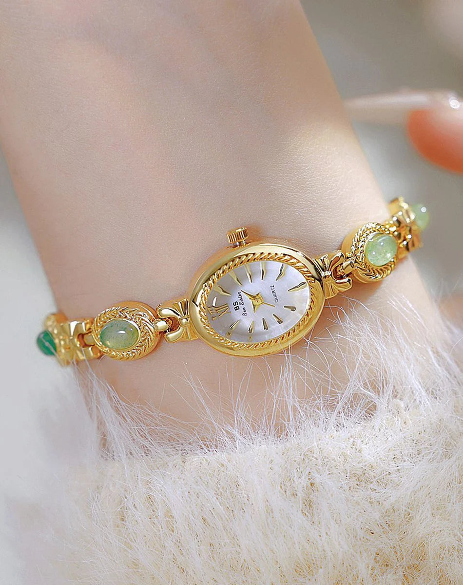 Montre Femme Luxe Jade Bracelet Quartz Dorée – Élégante Fashion Cadeau Idéal